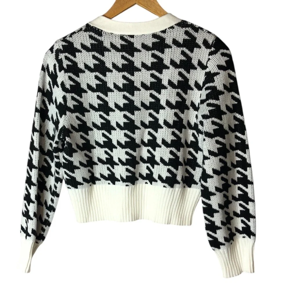 Houndstooth Cropped Jewel Button Cardigan Sweater SzM Cotton Blend Classic Retro